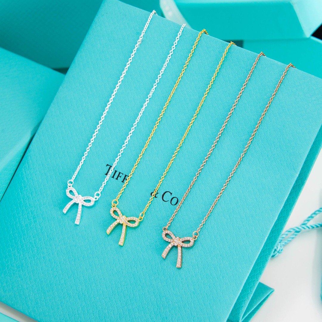 Tiffany Ribbon Necklace Bow Pendant Cubic Zirconia Charm Chain