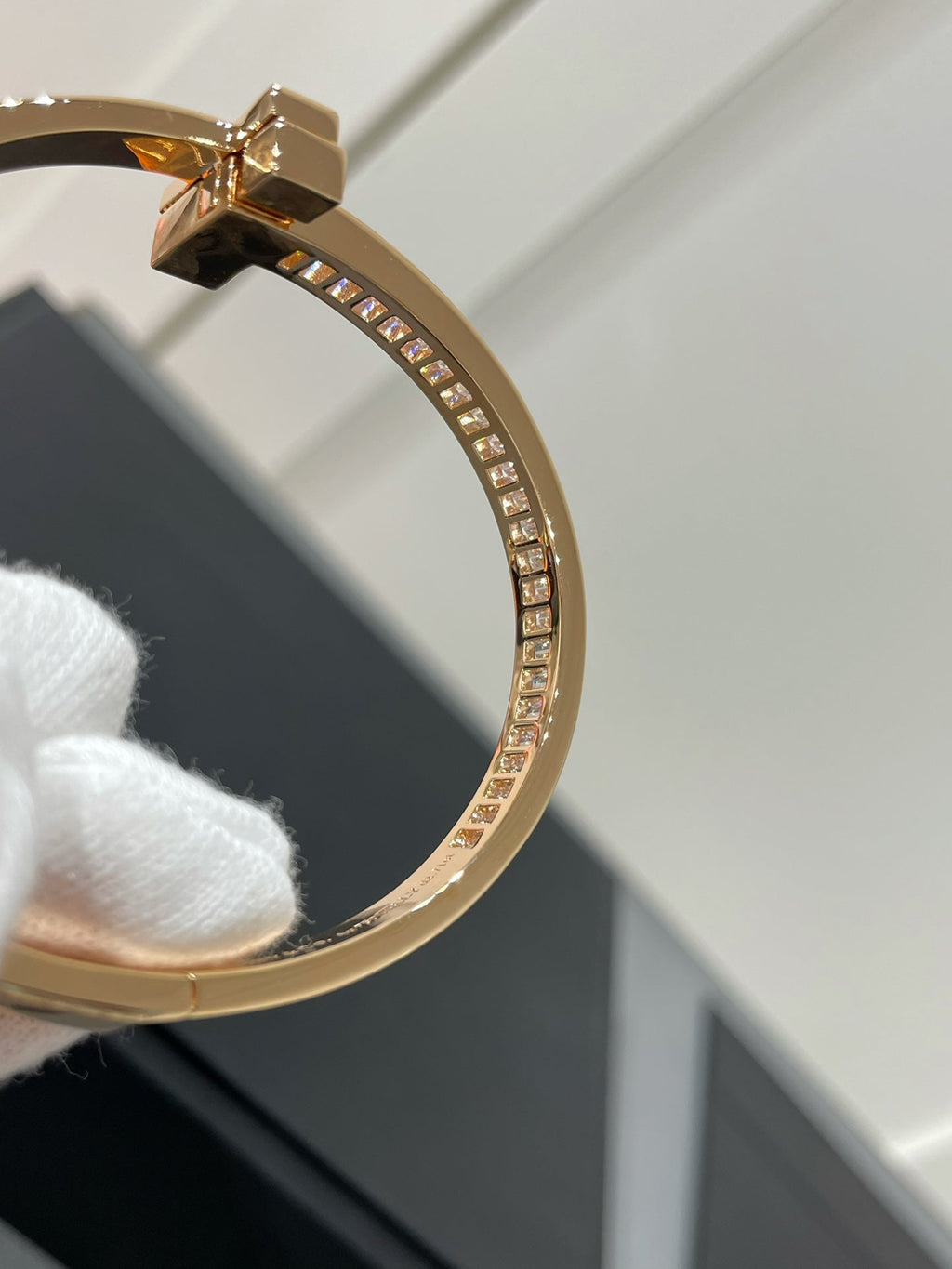 Tiffany Wide Hinged Bangle Pink Gold with Baguette Cubic Zirconia