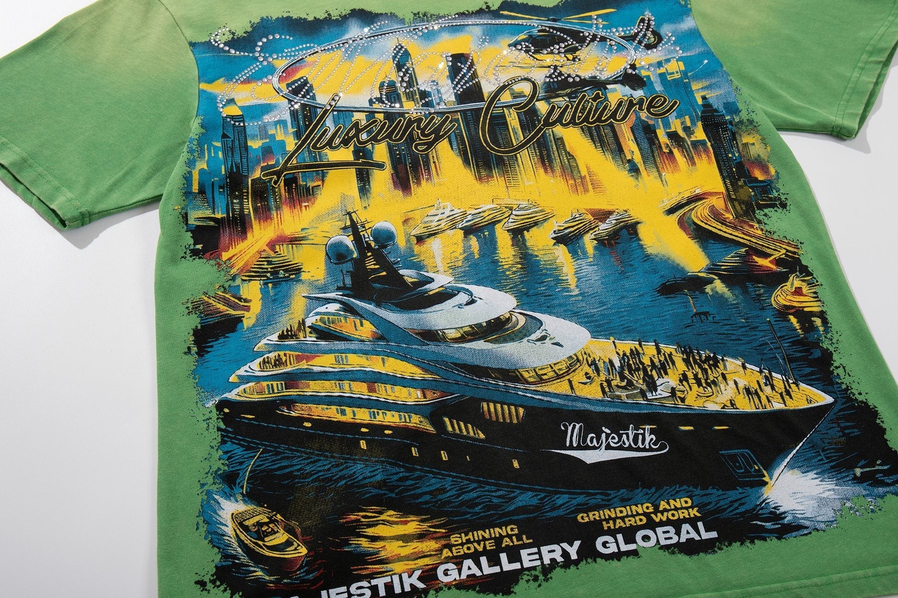 MAJESTIK Green Distressed Tour Graphic T-Shirt — detail