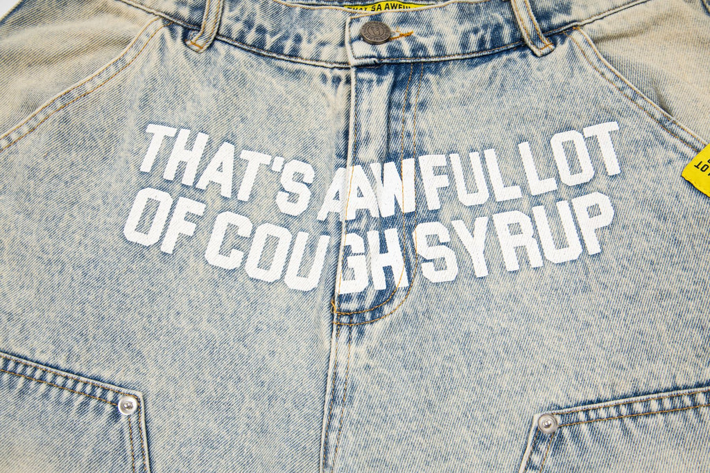 THAT'S A AWFUL LOT OF COUGH SYRUP Washed Denim Graphic Shorts — detail