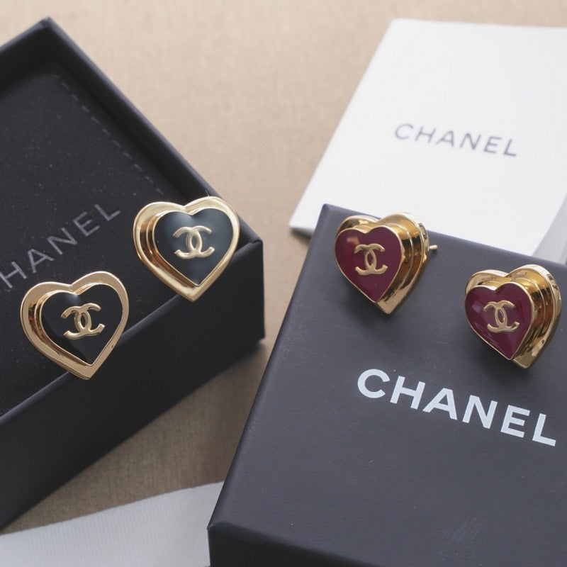Chanel Black & Red Heart 18K Gold Earrings