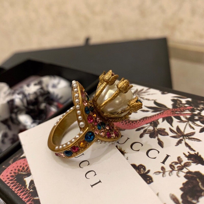 Gucci Double Multistone Pearl 18K Gold Ring
