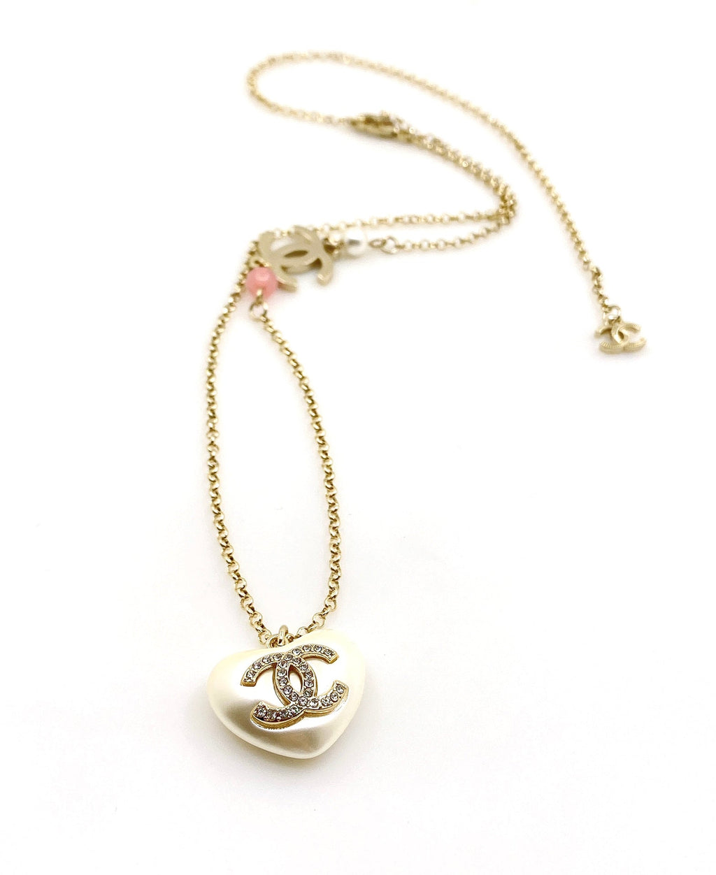 Chanel Pearl Heart Pink 18K Gold Necklace