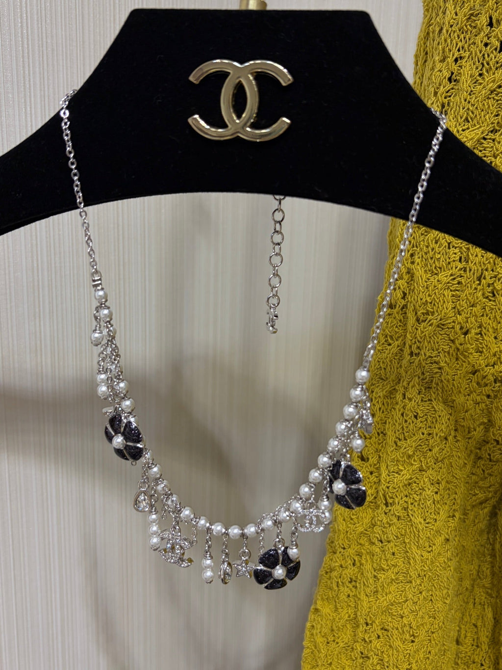 Chanel 2026 Silver Double C Black Flower Pearl Tassel Necklace