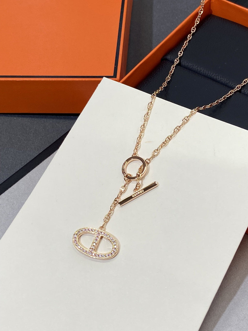Hermes Chaine Small Full Diamond Pig Nose Pink Gold Necklace