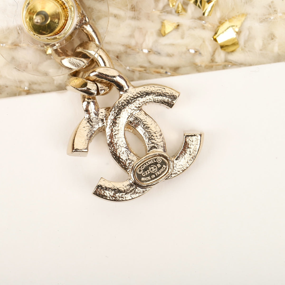 Chanel Double C Gold Diamonds Drop Earrings